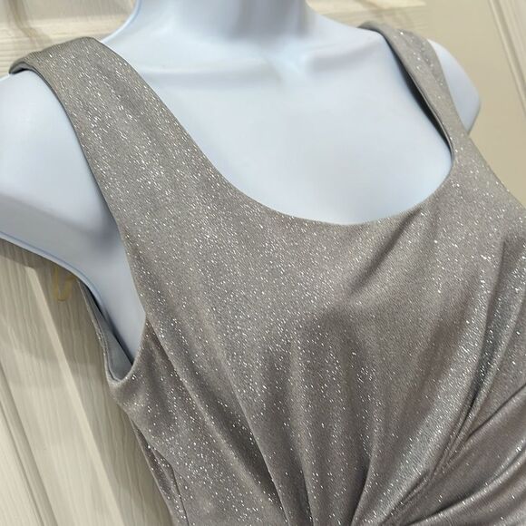 Dressbarn Size Petite 4 Sparkling Silver Metallic Sleeveless Ruched Mini Dress - Picture 3 of 13